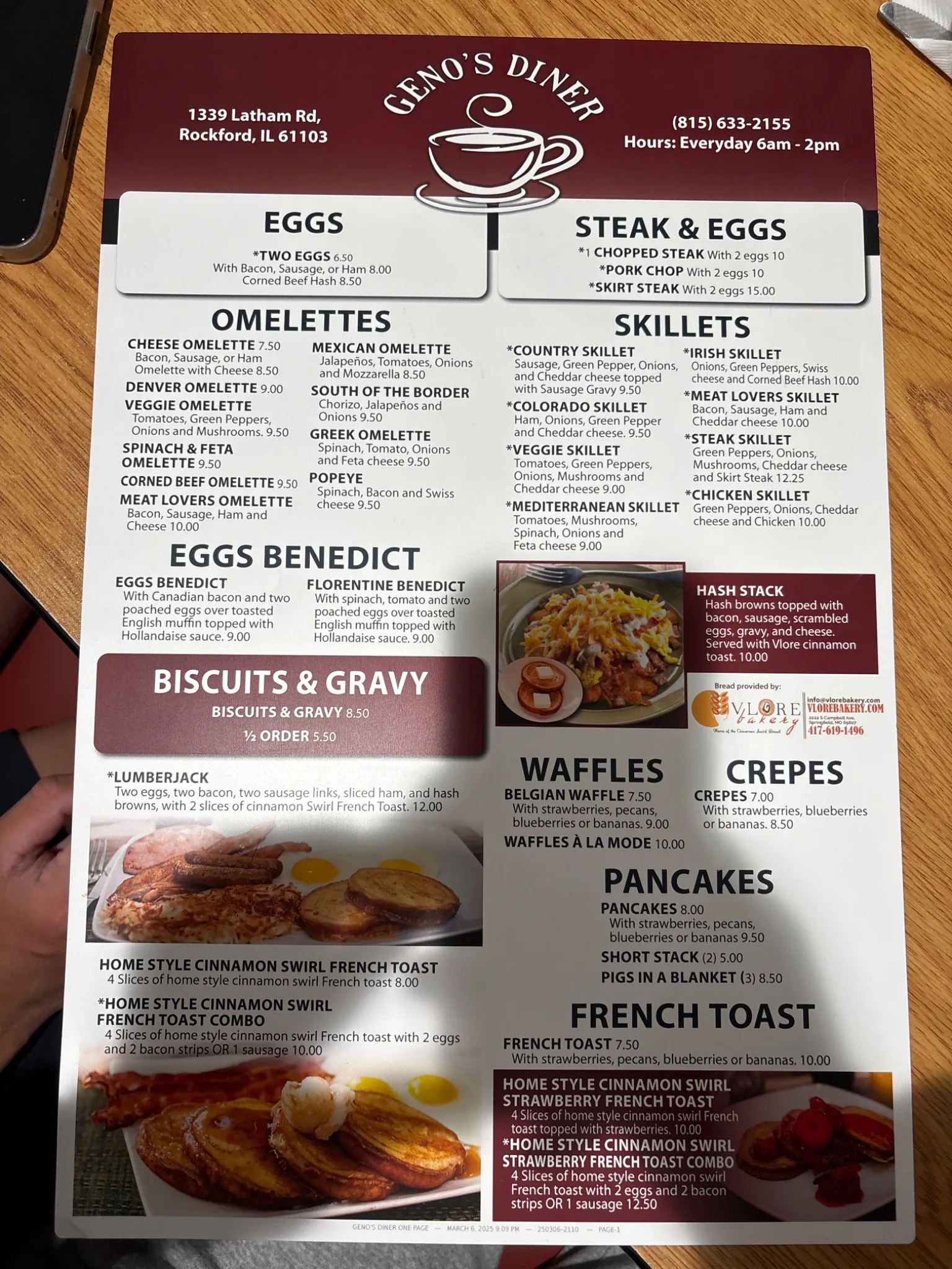 Geno's Diner printed menu photo